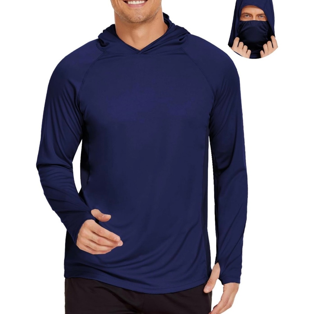 Mens Navy Blue Sun Protection Hoodie UPF 50+ Fishing Shirt with Face Mask Masked